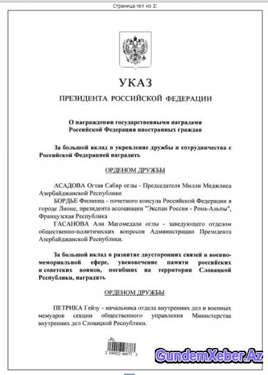 Təcili: Putin Əli Həsənova və Oqtay Əsədova orden verdi - (Foto)
