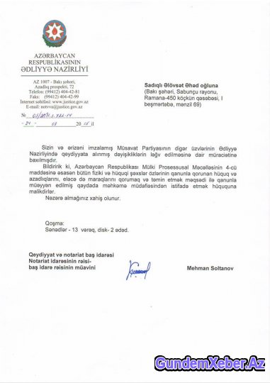 Ədliyyə Nazirliyi Müsavat Partiyasının qurultayının nəticələrinin ləğvi ilə bağlı müraciətə cavab verib
