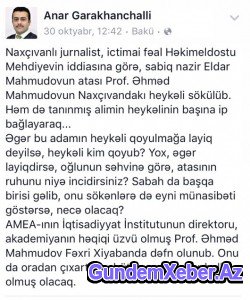 Fətullah Gülənin "Zaman"ı Eldar Mahmudovun müdafiəsinə qalxdı - Mahmudovun atasının Naxçıvandakı heykəlini kim qoydurubmuş ? (Foto)