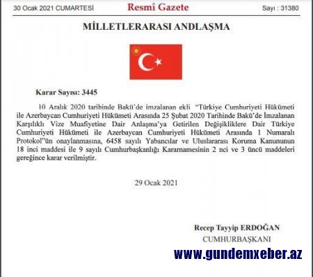 Ərdoğan Azərbaycan vətəndaşlarının Türkiyəyə şəxsiyyət vəsiqəsi ilə səfər edəcəyi barədə sənədi təsdiqləyib -FOTO