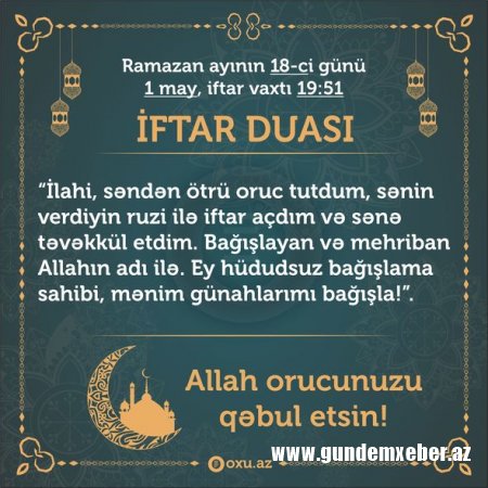 Ramazan ayının 18-ci gününün imsak, iftar və namaz vaxtları